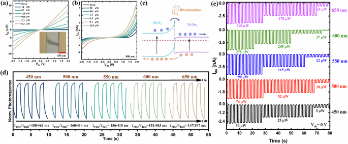 Fig. 3: Photoresponse of the MoS2/SnSe2 heterostructure photodetector on cavity substrate.