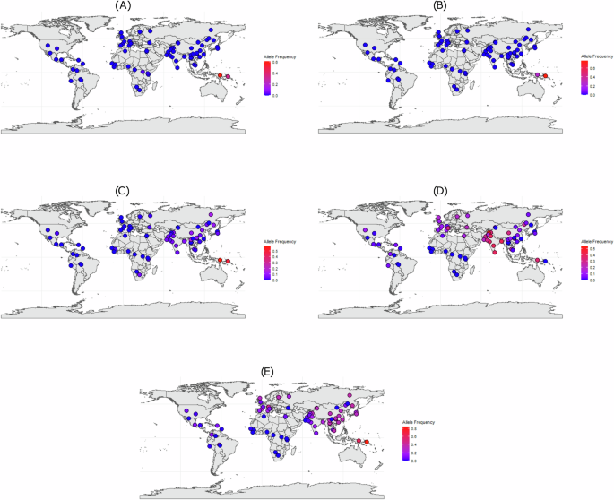 Fig. 4: Allele frequency maps of core haplotypes.