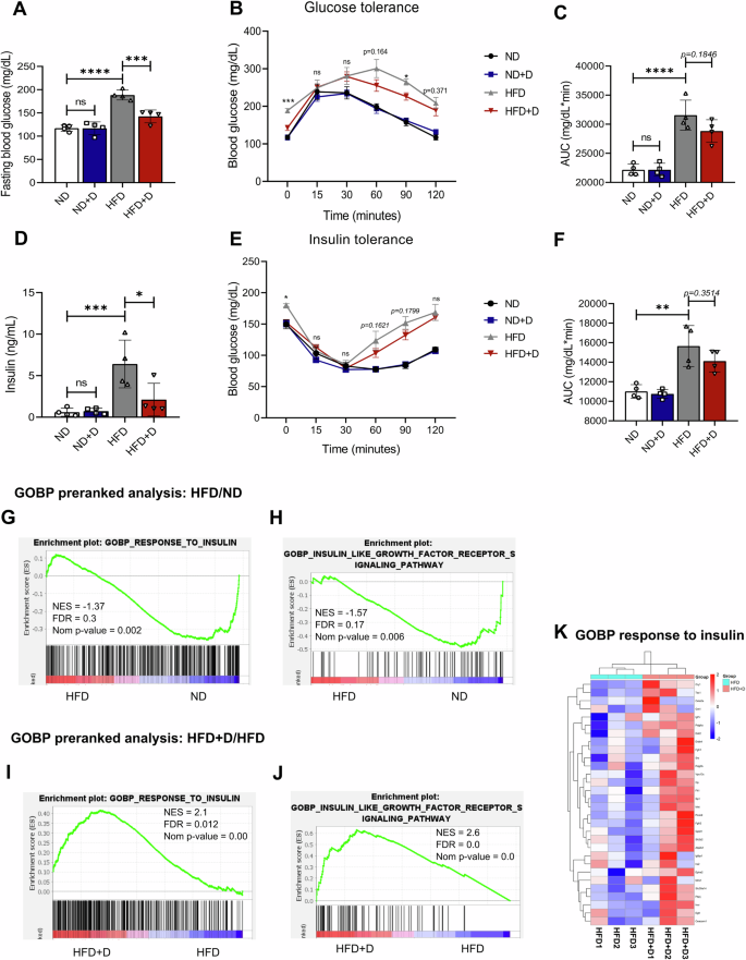 Fig. 5: 1,1-DEE treatment attenuated glucose intolerance and insulin resistance in mice fed the HFD.