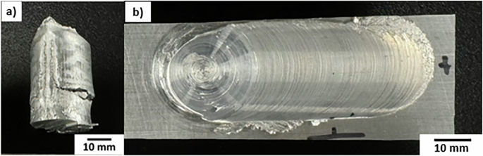 Fig. 3: Representative sample of the cast feedstock material and the TR-AFSD deposit analyzed in this study.