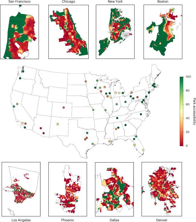 Fig. 2: Spatial distribution of average park accessibility across 53 US metropolitan areas.