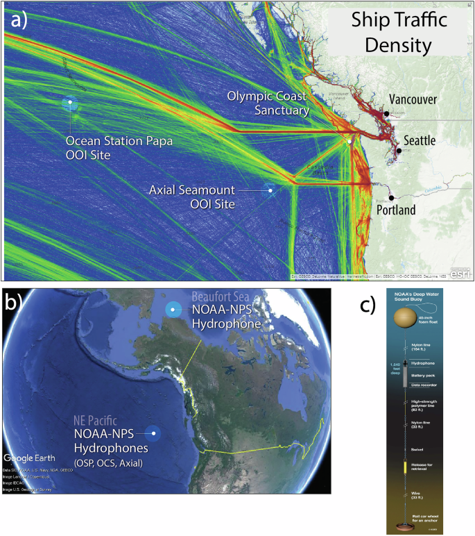 Fig. 1: NOAA PMEL hydrophone locations in relation to ship traffic density.