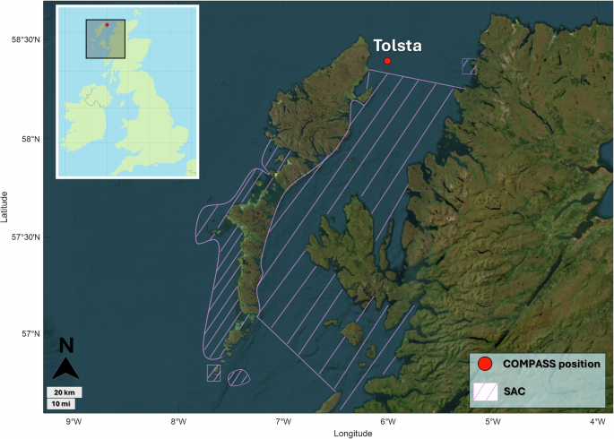 Fig. 6: Location of the hydrophone mooring at the Tolsta site and surrounding special areas of conservation (SAC).