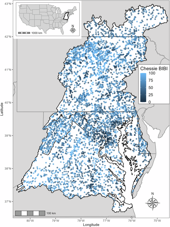 Fig. 2: Map of the Chesapeake Bay watershed with locations of streams sampled to assess biological condition.