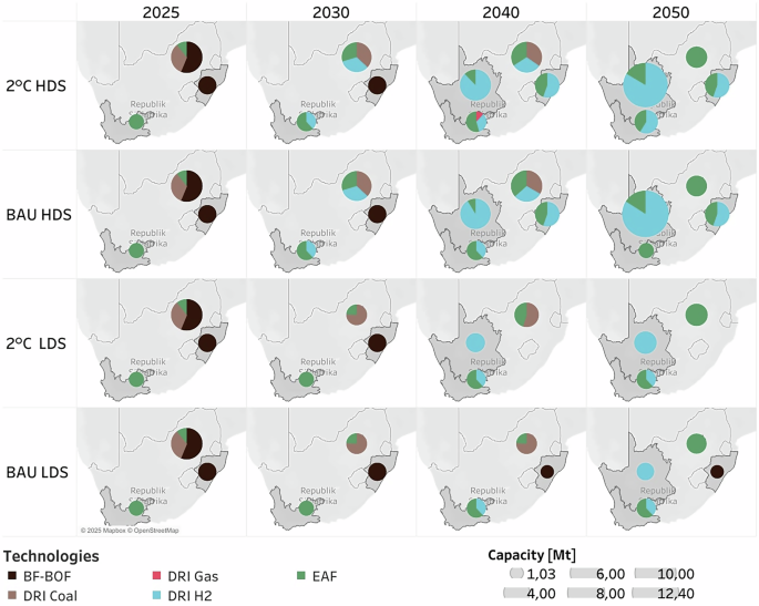 Fig. 3: Regional steel capacity distribution in South Africa’s provinces over time, up until 2050, for considered demand and emissions scenarios.