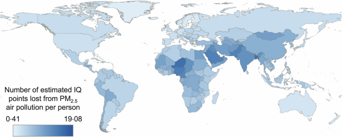 Fig. 2: Country-level estimated per person IQ loss attributable to PM2.5 exposure during neurodevelopment under 2023 air quality conditions.