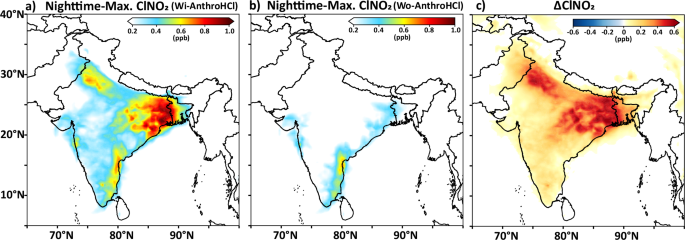 Fig. 4: Anthropogenic influence on nighttime ClNO2 concentrations over India.