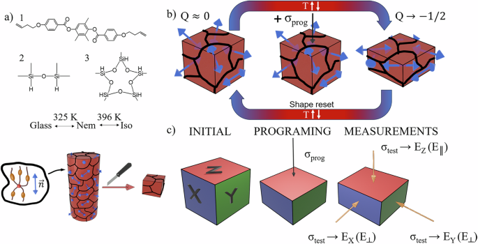 Fig. 1: MC-LCE composition and schematic of the programming and measuring process.