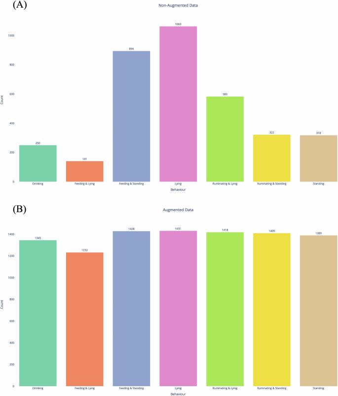Fig. 4: Behavioural class distributions before and after data augmentation.