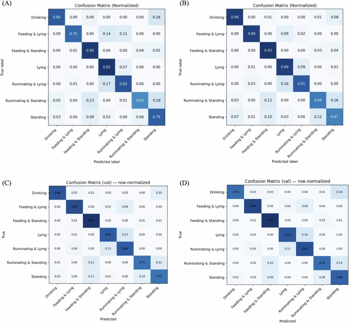 Fig. 5: Comparison of confusion matrices for behaviour classification using SlowFast and TimeSformer architectures under different training conditions.