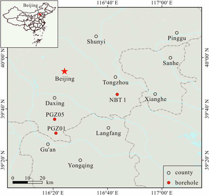 Fig. 2: The locations of boreholes PGZ01, PGZ05 and NBT 1 in the Beijing Plain.