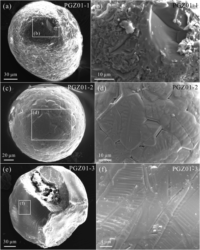 Fig. 5: Microstructures on surfaces of the three spherules, obtained via secondary electron imaging using a scanning electron microscope.
