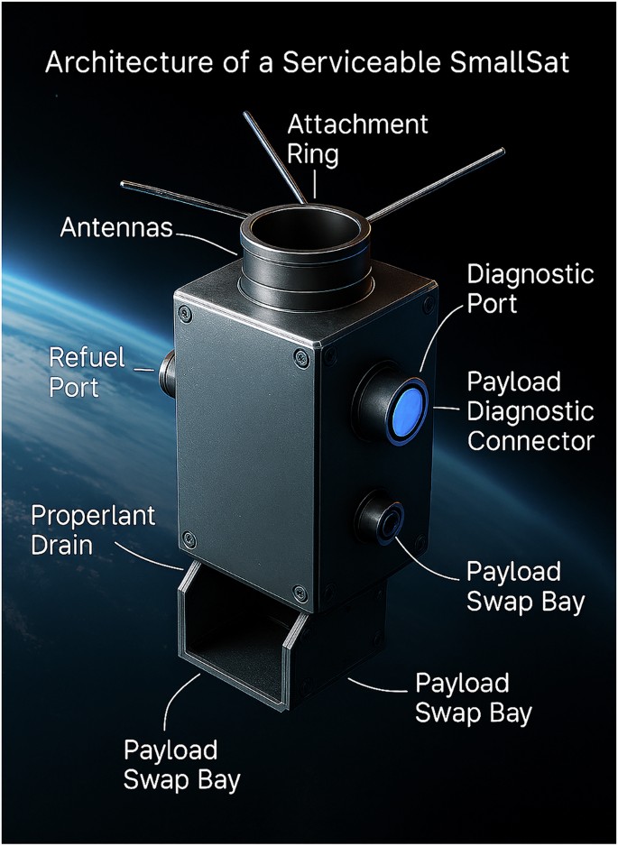 Fig. 2: Artistic representation of a serviceable small satellite showing key service interfaces: an attachment/docking ring for secure capture and mechanical mating.