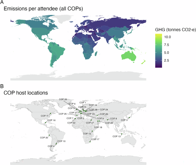Fig. 2: Per-attendee greenhouse gas emissions by nominating Party and geographical distribution of UNFCCC COP1-29 (1995–2024).