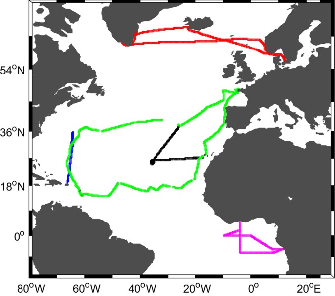 Figure 1: Map of continuous measurements provided during the 5 cruises between 2012 and 2015 over the Atlantic Ocean.