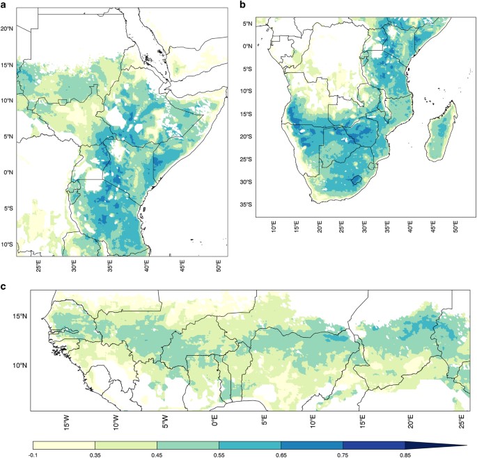 Figure 3: Correlation of near surface soil moisture (1992–2015, n=23) between CCI-SMv2.2 and Noah3.3+CHIRPS+MERRA-2 (0–10 cm).