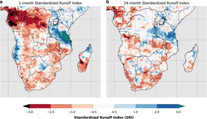 Figure 7: The Standardized Runoff Index (SRI) as an indicator of (a) short-term hydrological drought using 1-month (April 2016) aggregation, and (b) long-term hydrological drought using 24-month aggregation.