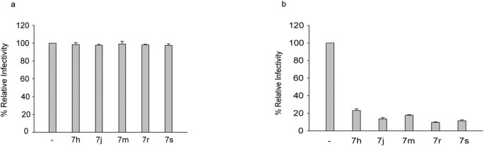 Figure 3: HIV-1 infectivity is diminished by treatment with BVM analogs.