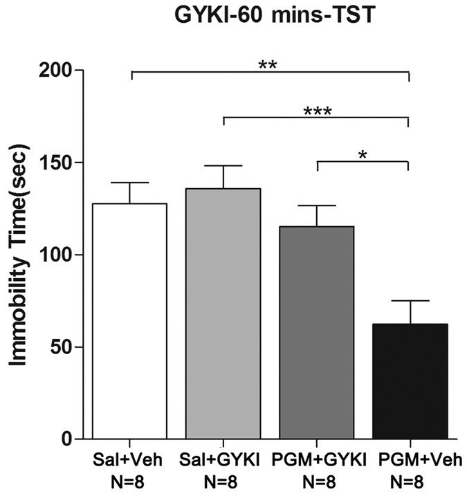 Figure 9: The α-amino-3-hydroxy-5-methyl-4-isoxazole-propionic acid (AMPA) receptor-specific antagonist GYKI 52466 (GYKI) significantly blocked the proteo-β-glucan from Maitake (PGM)-induced an antidepressant effect in the tail suspension test (TST).