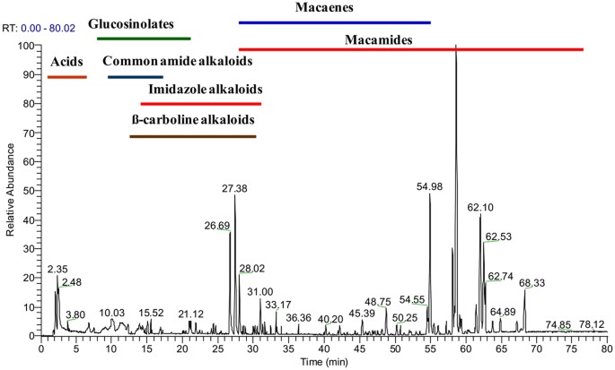 Figour1.Total ion chromatogram (TIC) of Maca. Figour1.Total ion chromatogram (TIC) of Maca.