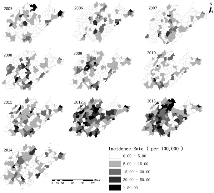 Figure 2: Geographical distribution of the incidence rates of mumps in Shandong Province, China at the county level from 2005–2014.