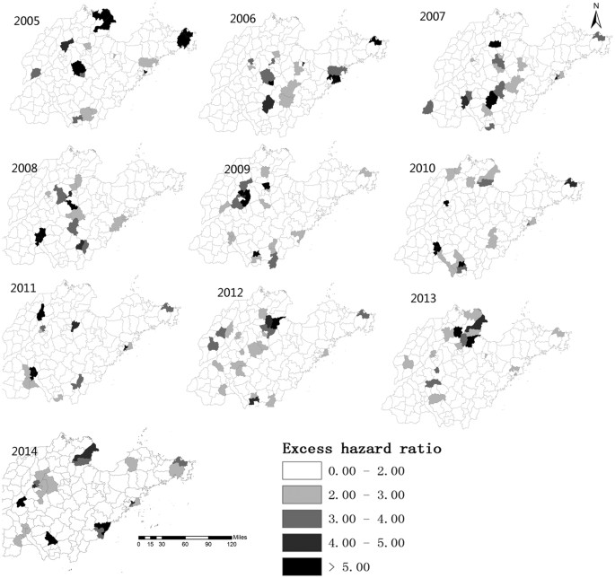 Figure 3: The hazard ratio of mumps in Shandong Province, China at the county level from 2005–2014.
