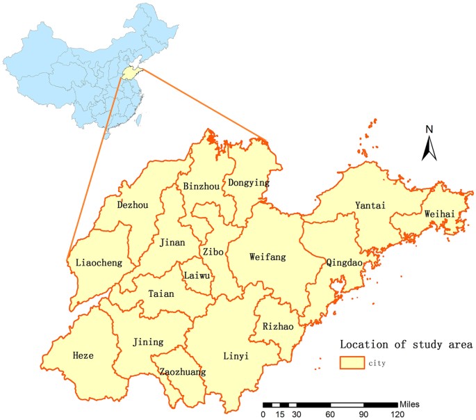 Figure 7: The geo-location of Shandong Province in China (the map was created with ArcGIS software, 10.2).