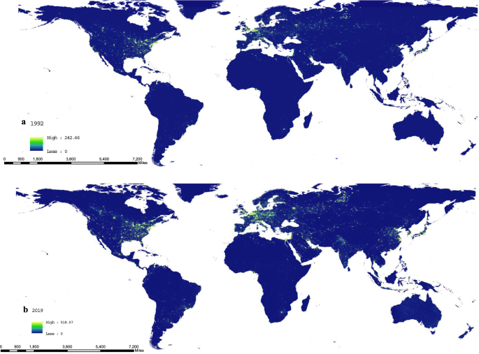 Fig. 1: Global gridded 1 × 1 km global night-time light data in 1992 and 2019.