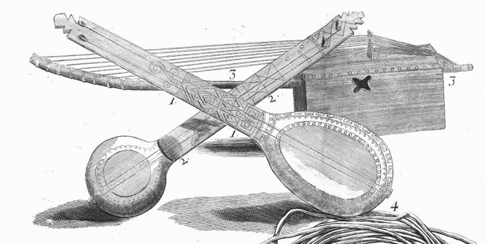 Fig. 2: Two early gourd banjos, labeled “strum strumps,” collected in Jamaica by Hans Sloan (Sloane, 1707).