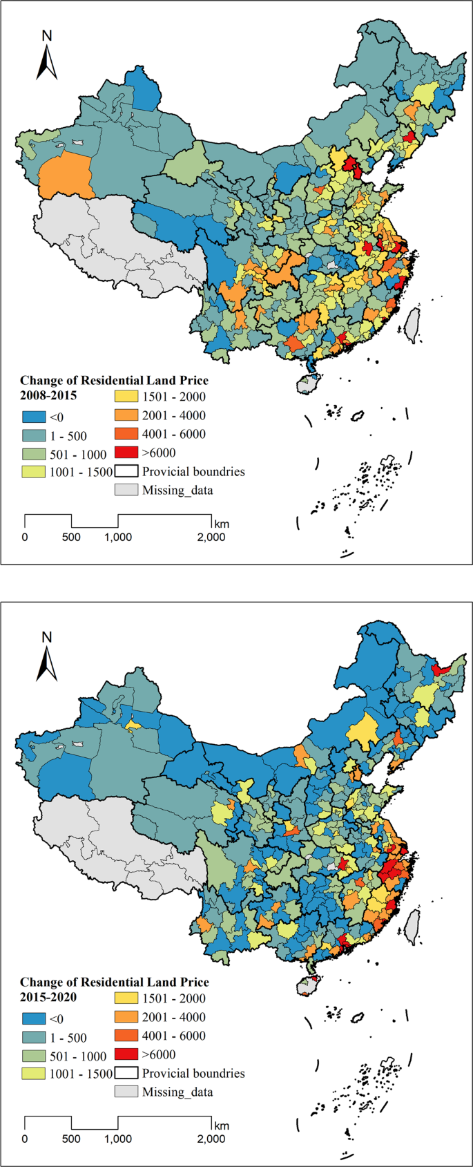 Fig. 3: Change of residential land prices from 2008, 2015 and 2020.