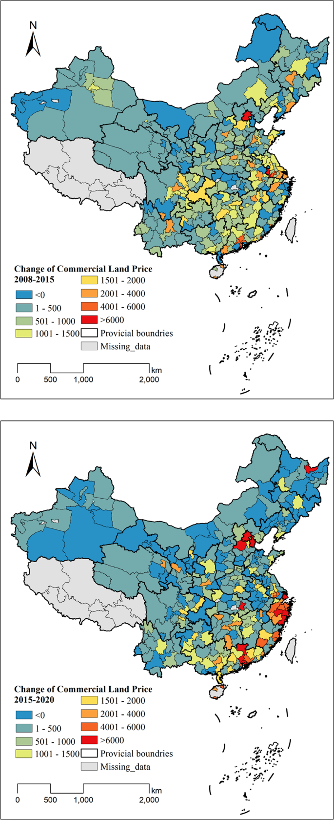 Fig. 4: Change of commercial land prices from 2008, 2015 and 2020.