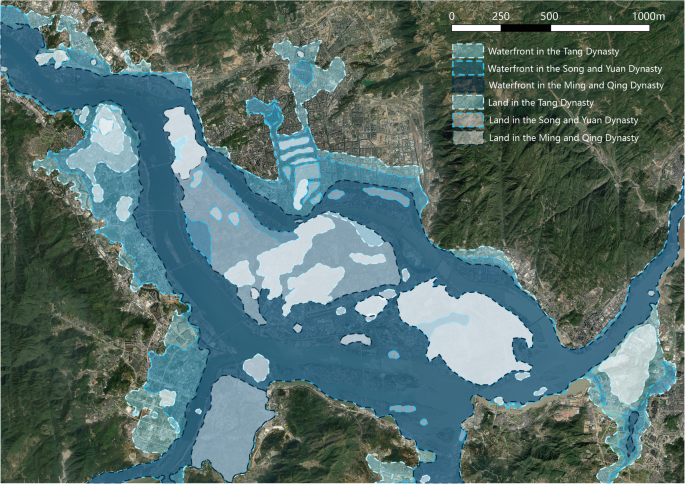 Fig. 12: Hydrological changes in the ancient city of Fuzhou from the Tang Dynasty to the Qing Dynasty.