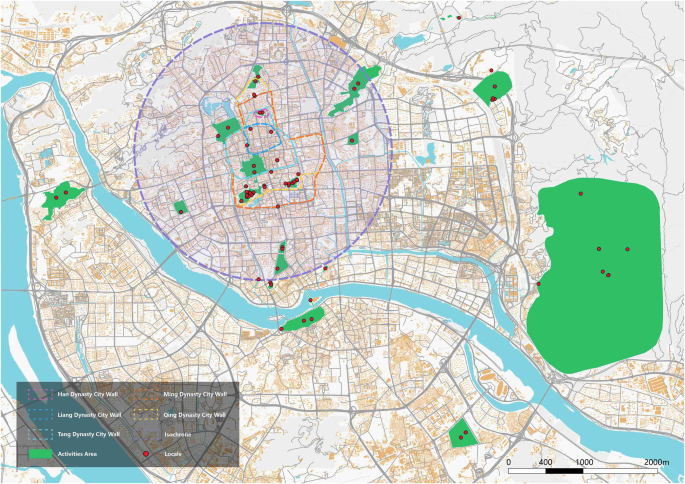 Fig. 4: Range of the ancient city walls, isochronous circle, and distribution of historical and cultural heritage.