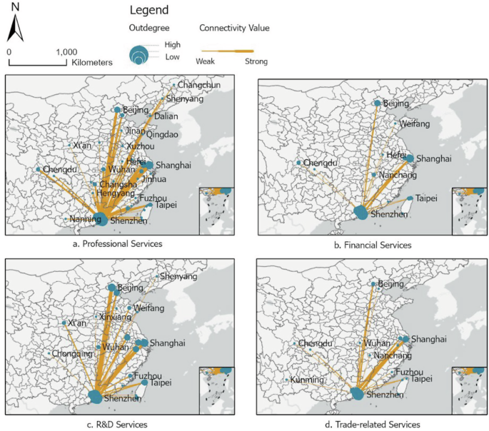 Fig. 4: Economic transactions between high-tech industries in Shenzhen and Dongguan and various kinds of knowledge-intensive producer services within and beyond the GBA.