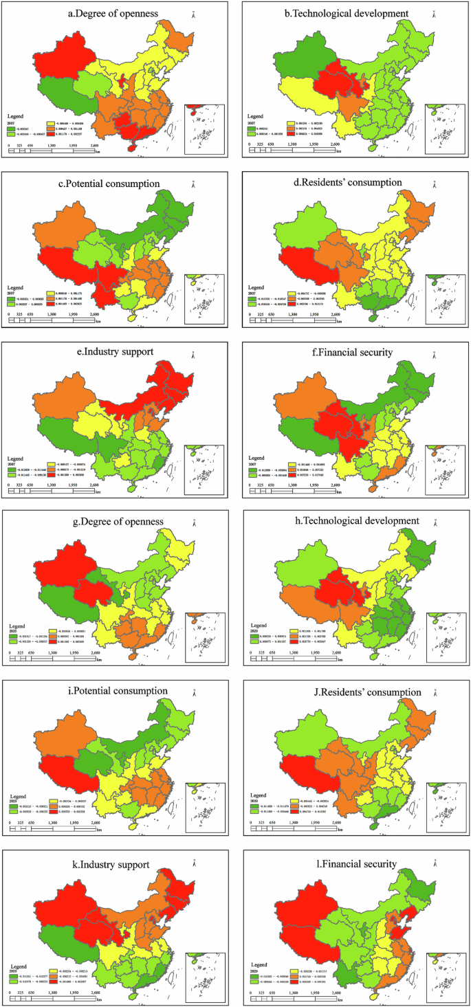 Fig. 3: The spatiotemporal pattern of the influencing factors of the coupling and coordinated development of the cultural tourism supply[1]demand-support system from 2007 to 2020.