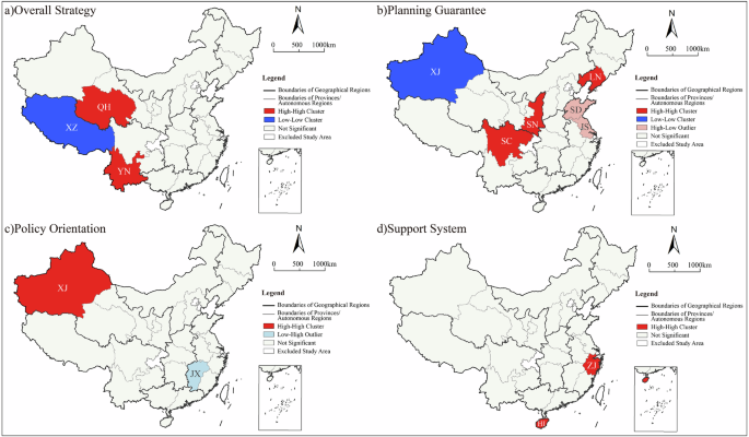 Fig. 4: LISA of parent codes’ frequency. The figure is based on the standard map GS (2023)2767 in the Standard Map Service website of the Ministry of Natural Resources of the People’s Republic of China, with no modifications of the boundaries in the standard map.