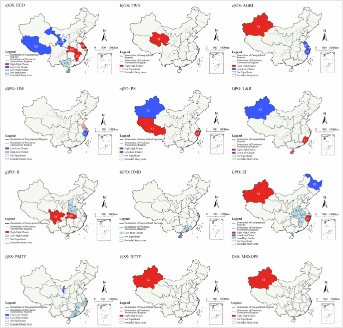 Fig. 5: LISA of second-level codes (top three in frequency). The figure is based on the standard map GS (2023)2767 in the Standard Map Service website of the Ministry of Natural Resources of the People’s Republic of China, with no modifications of the boundaries in the standard map.