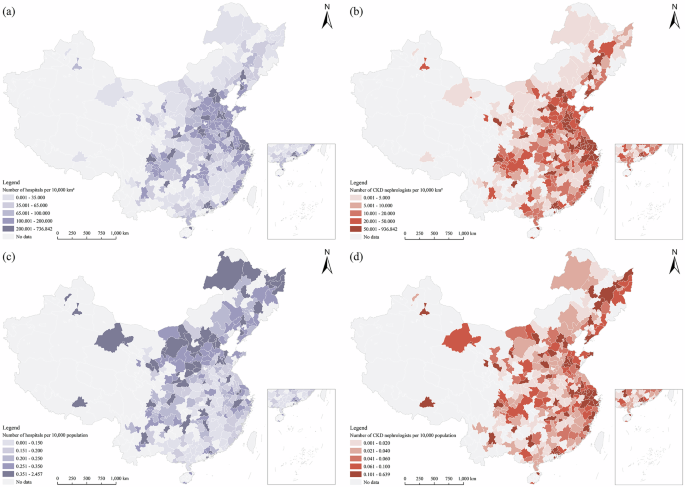 Fig. 2: Spatial distribution of medical resources relevant to CKD in 2018.