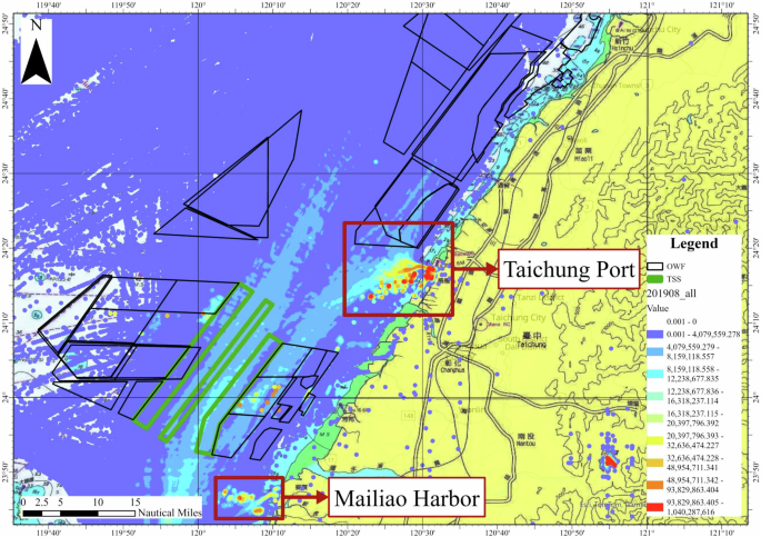 Fig. 11: Vessel traffic density map of the OWF area in Western Taiwan.
