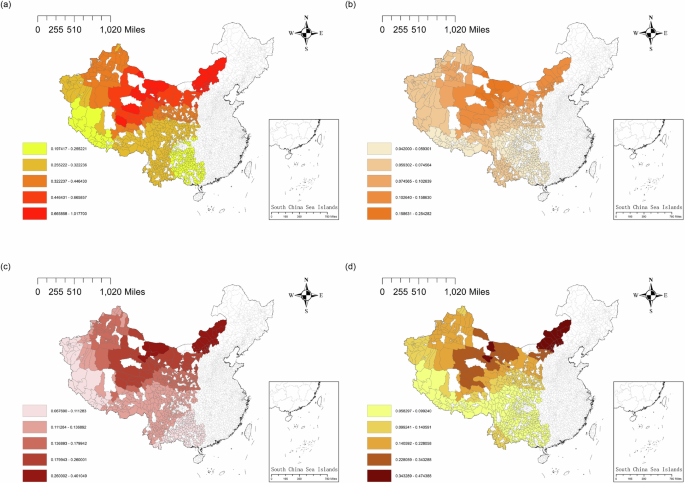 Fig. 7: Geographic and temporal geographically weighted regression coefficients of digital economy on basic public services and its subdimensions in western counties.