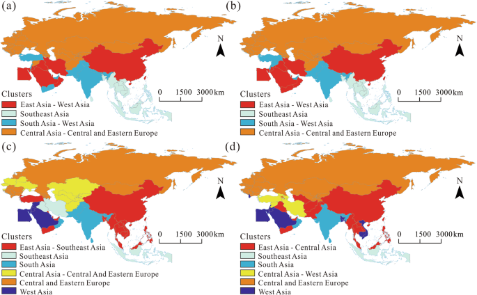 Fig. 4: Cluster structures of oil and natural gas trade networks among the BRI countries, 2009–2018.