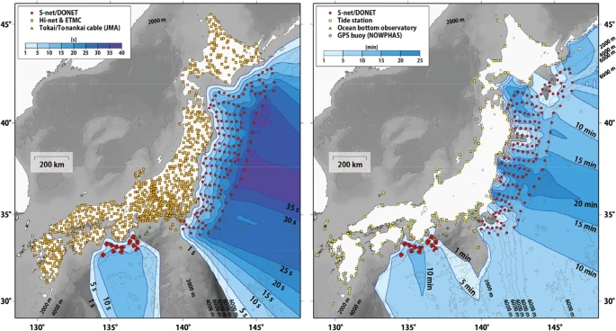 Two maps comparing earthquake and tsunami detection times showing S-net and DONET sensors provide 20+ seconds faster earthquake detection and 20+ minutes faster tsunami warnings along Japan's coast.