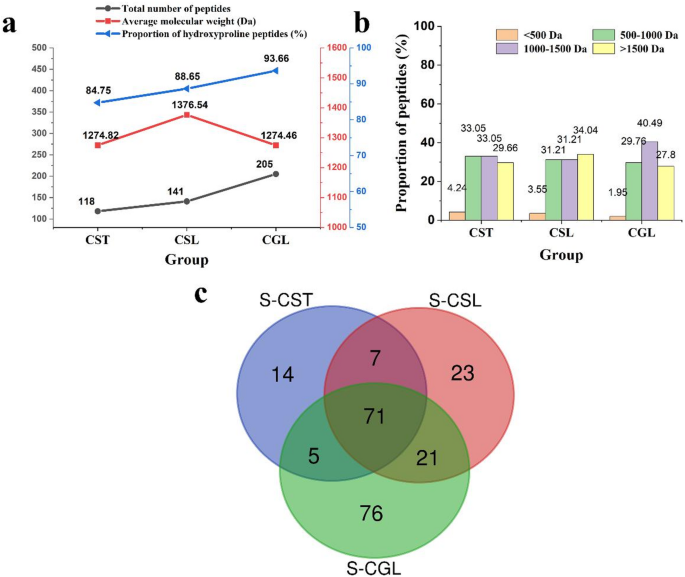血清中吸收的胶原肽段分析图：展示了血清中胶原肽段的综合分析、分子量大小分析和各组血清中独特胶原肽段的定量分析