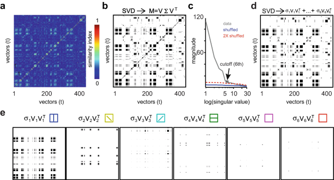 Five illustrations of population vectors using S V D labeled a to e. A is a monochrome map with patterns all over it. B is a matrix with similar patterns in a. C is a line graph that plots magnitude versus singular value, d is a matrix with similar patterns in a. E is a set of 5 visual stimuli with patterns on it.