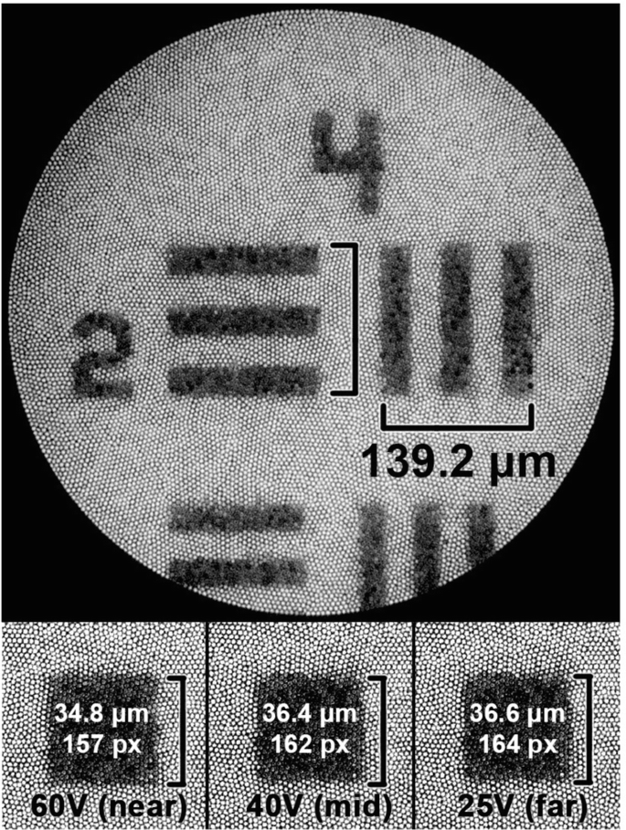 An image represents the optical magnification from the C I F B to the target was evaluated by imaging the group six, element two squares of the USAF 1951 resolution target with the 2 P-F C M.