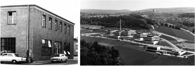 Two photographs. On the left is a photo of a building with two cars parked along the side. On the right is an aerial view of buildings surrounded by trees.