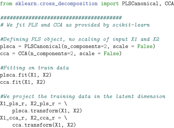 A code snippet explains the P L S and C C A models to the training data and then projects the data into the corresponding latent dimensions using the transform function. This allows for dimensionality reduction and capturing the relationships between the variables in the reduced space.