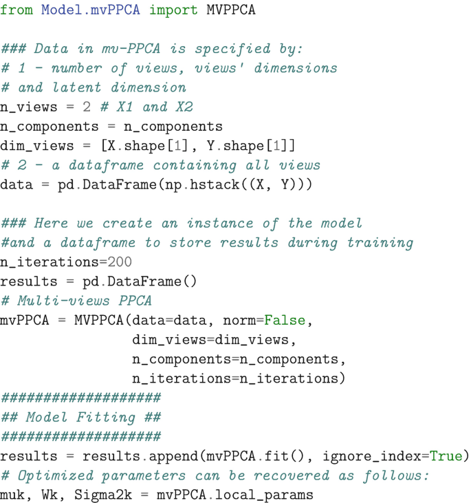 A code snippet presents the M V P P C A model to multi-view data and performs model training for 200 iterations. The results, including the optimized parameters, are stored in a DataFrame.