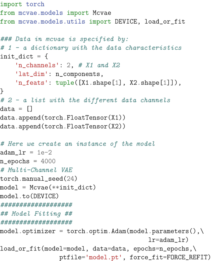 A code sets up and fits a M c V A E model to the provided data. It handles the model initialization, data preparation, optimization setup, and training process. The load underscore or underscore fit function allows for loading pre-trained models or performing new model training.