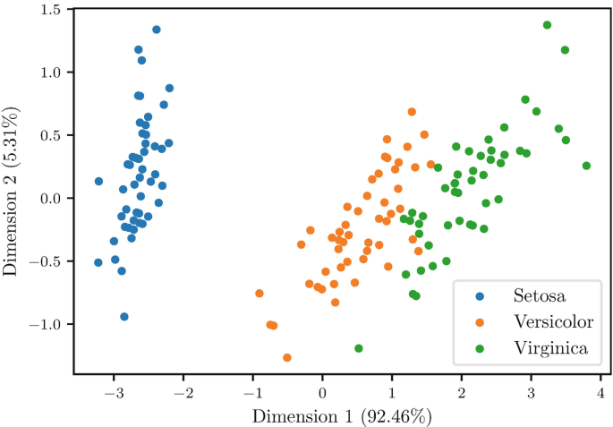 A scatterplot of dimension 2 of 5.31% versus dimension 1 of 92.46% displays scattered dots for the Setosa, Versicolor, and Virginica.